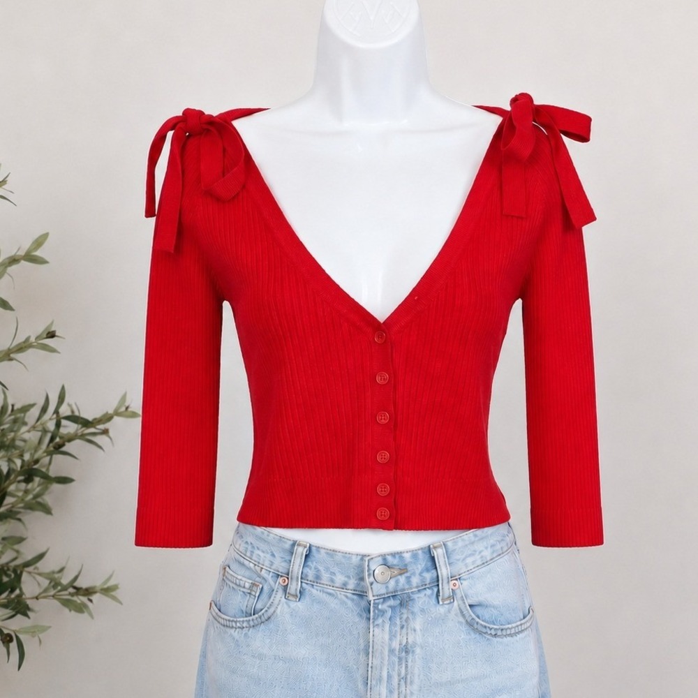 Women's Red Ribbed Knit Cropped Cardigan Sweater Tie Shoulder‎ Bows Preppy Small